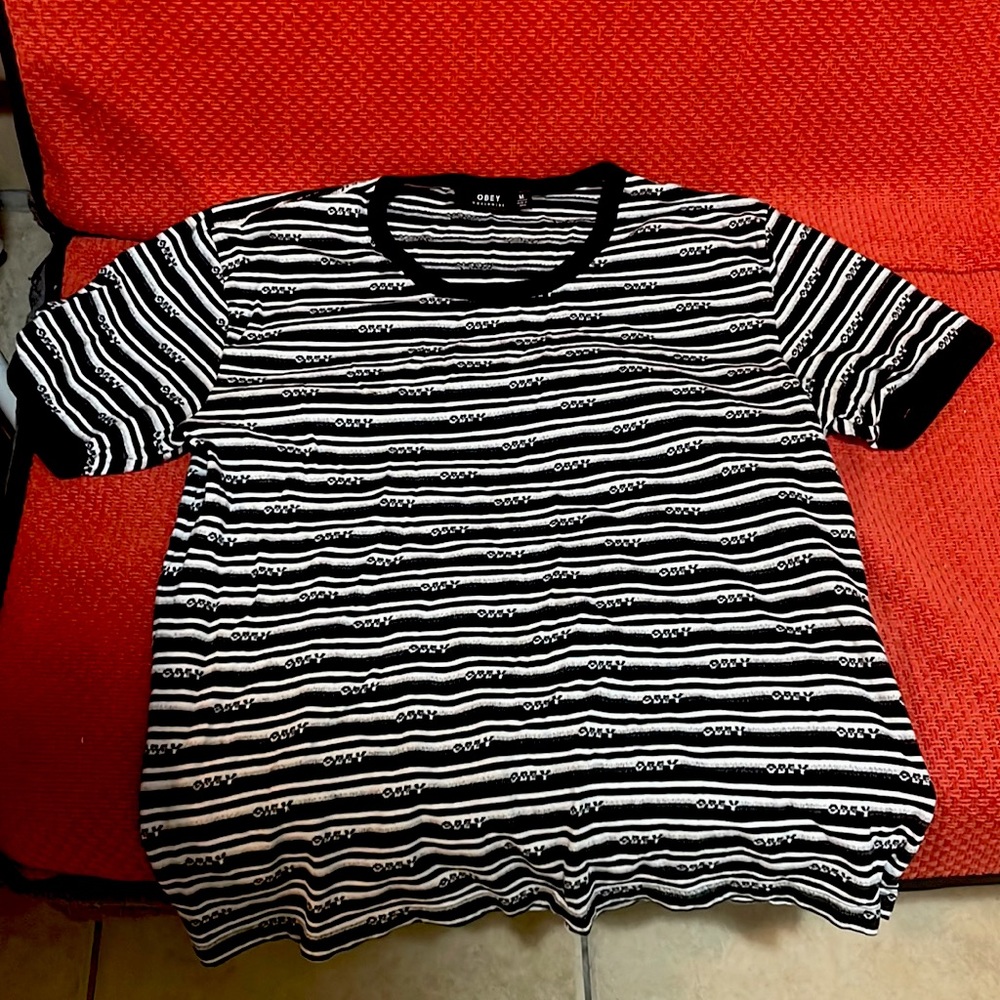 Authentic Obey Black & White Striped (w/ Obey brand name all over)  T-Shirt